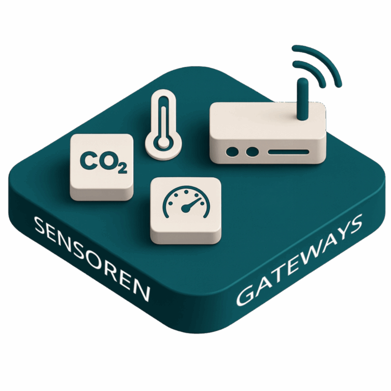 3D-Illustration eines Tech-Stacks mit CO₂-, Temperatur- und Vibrationssensoren sowie einem Gateway.