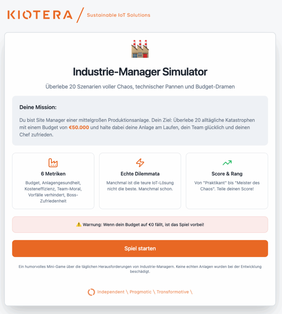 Screenshot des Mini-Games Industriemanager Simulator von KIOTERA. Es zeigt spielerisch ein paar humorvolle Szenarien im Alltag eines Werk- oder Betriebsleiters.