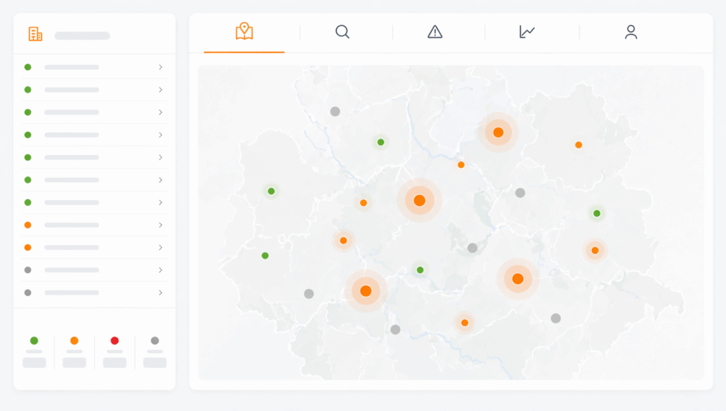 Dashboard-Übersicht einer Fernwärmeplattform mit abstrahierter Kartenansicht, gruppierten Anlagenstandorten und reduzierter Anlagenliste.
